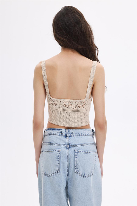Bej Önden Bağcıklı Crop Top