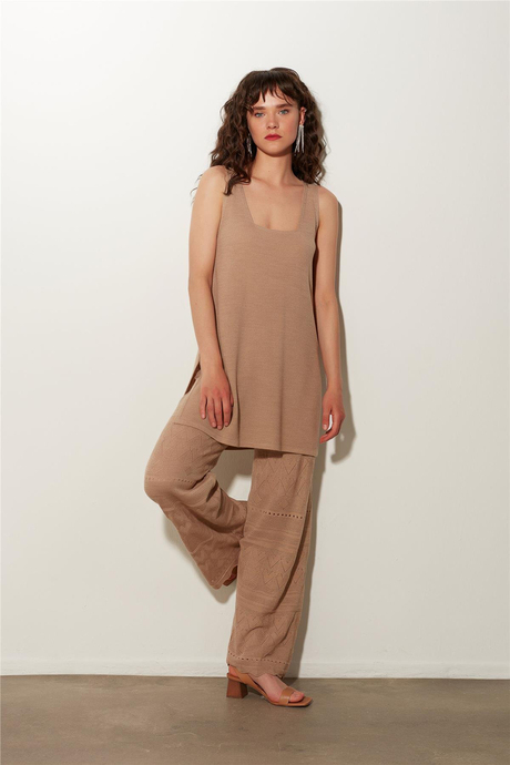 Bej Örgü Desenli Triko Tunik Pantolon Takım SS23TK480102BJ