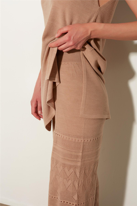 Bej Örgü Desenli Triko Tunik Pantolon Takım SS23TK480102BJ