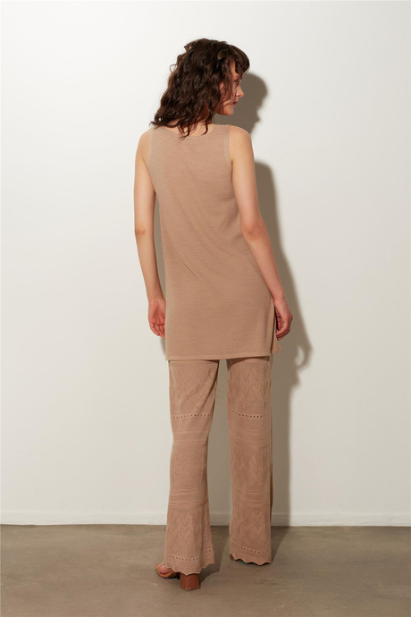 Bej Örgü Desenli Triko Tunik Pantolon Takım SS23TK480102BJ