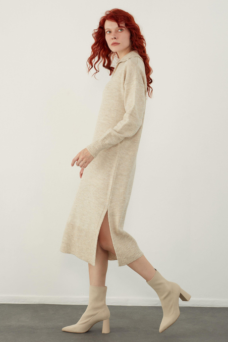 Bej Polo Yaka Basic Midi Triko Elbise