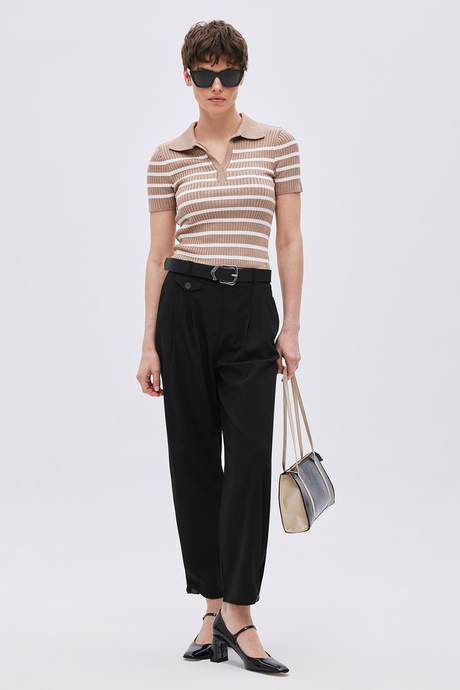 Bej Polo Yaka Çizgili Triko Kazak