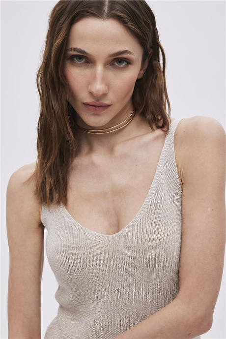 Bej Askılı Uzun Elbise