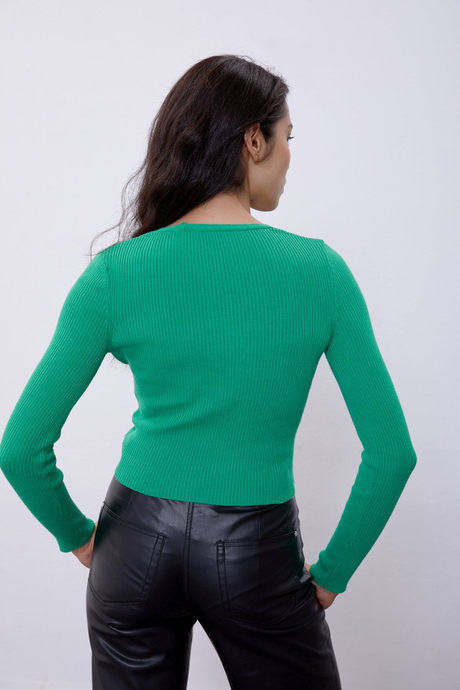 Benetton Yeşili Derin V Yaka Bağcık Detaylı Triko Kazak SWK4467BY