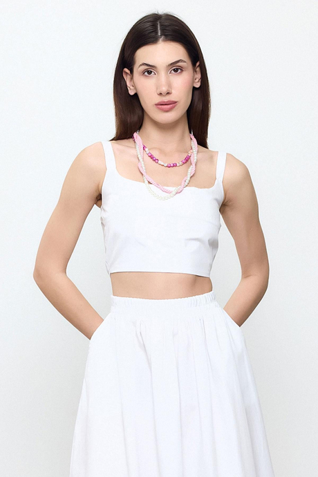Beyaz %100 Cotton Askılı Crop