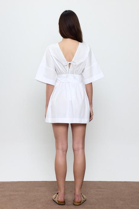 Beyaz %100 Cotton Beli Kemerli Mini Elbise