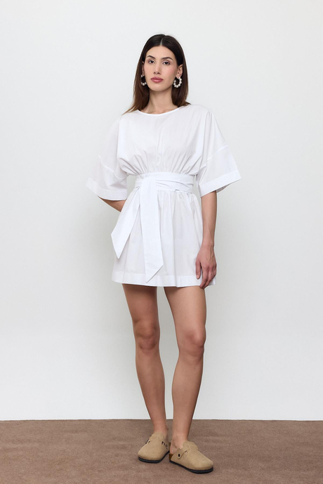 Beyaz %100 Cotton Beli Kemerli Mini Elbise