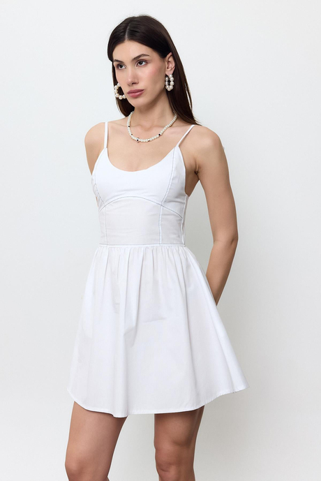 Beyaz %100 Cotton Midi Elbise