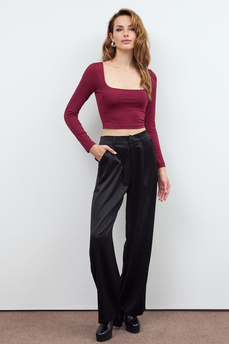 Bordo BASİC KARE YAKA CROP BLUZ
