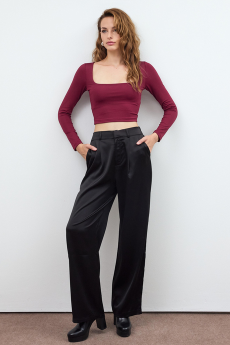 Bordo BASİC KARE YAKA CROP BLUZ