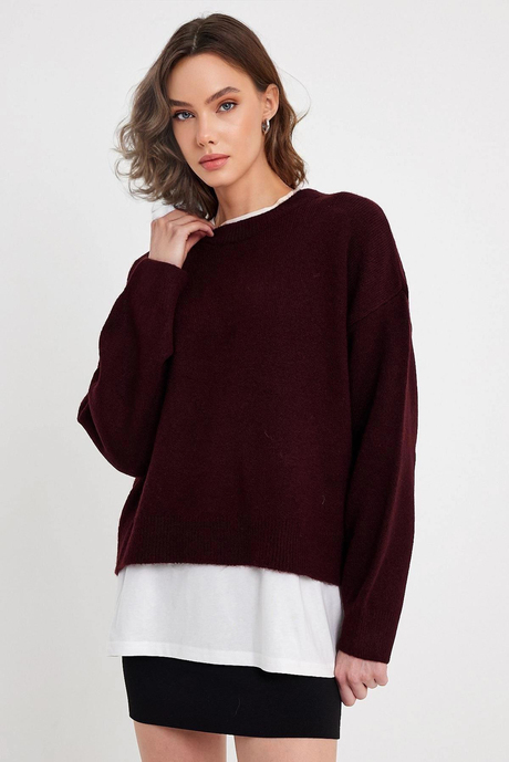Burgundy Crew Neck Basic Knitwear Sweater