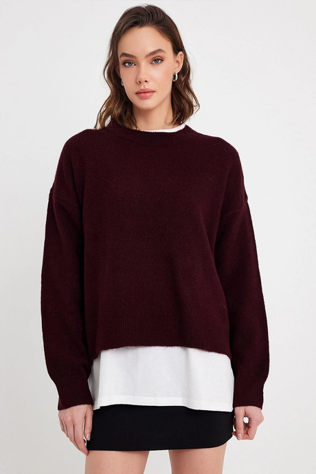 Burgundy Crew Neck Basic Knitwear Sweater