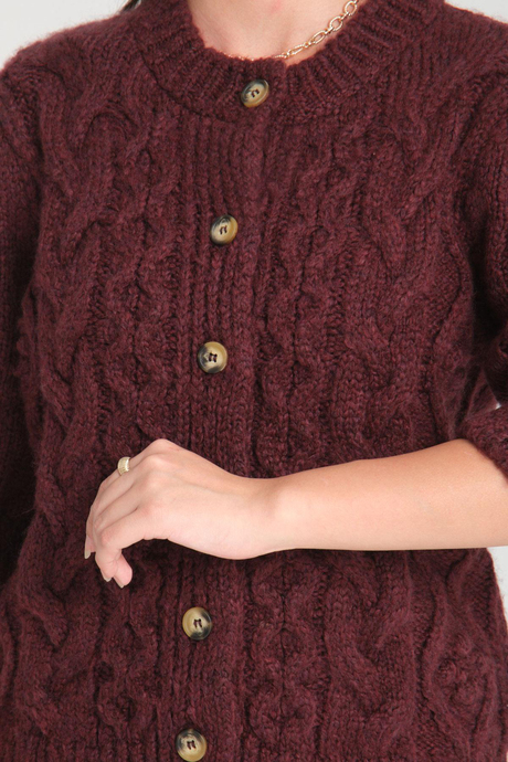 Bordo Düğmeli Hırka