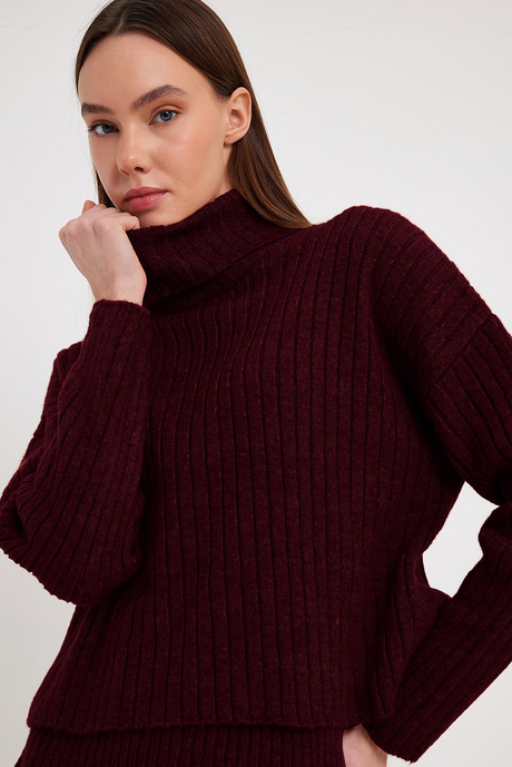 Claret Red Ribbed Skirt  Sweater Knit Set SWTK4264-65BO