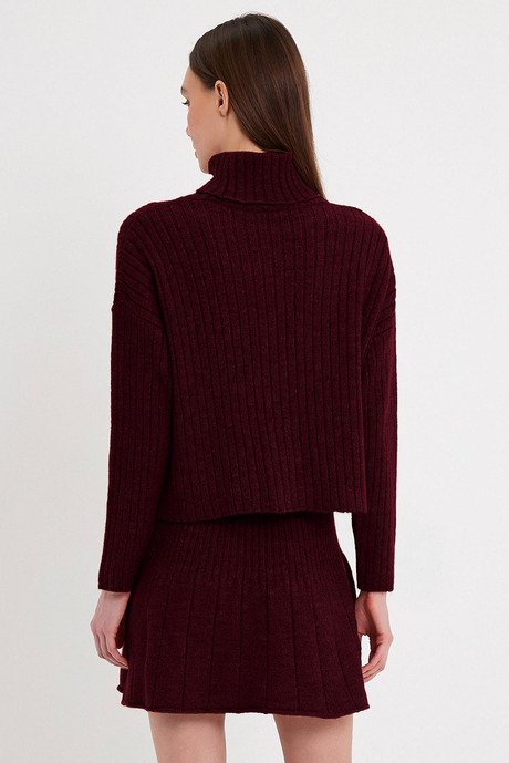 Claret Red Ribbed Skirt  Sweater Knit Set SWTK4264-65BO