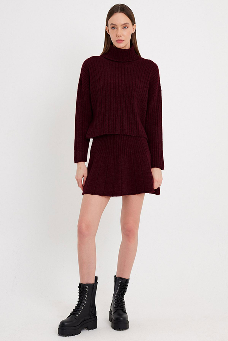 Claret Red Ribbed Skirt  Sweater Knit Set SWTK4264-65BO