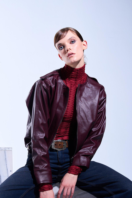 Bordo Oversize Deri Ceket