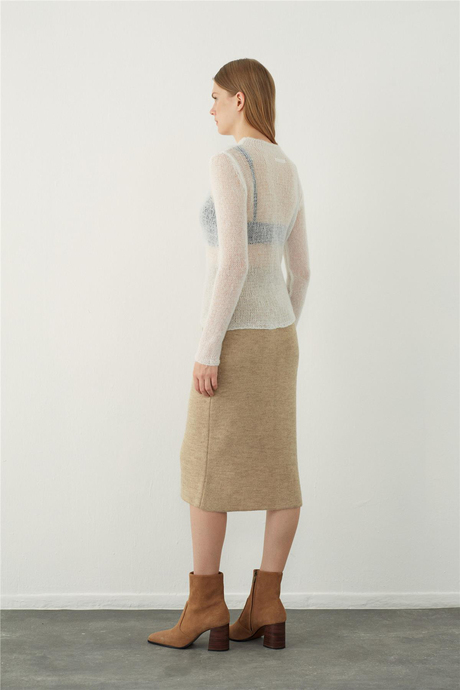 Camel Asimetrik Yırtmaçlı Midi Triko Etek