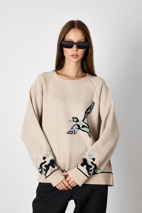 Camel Kuş Desenli Oversize Triko Kazak