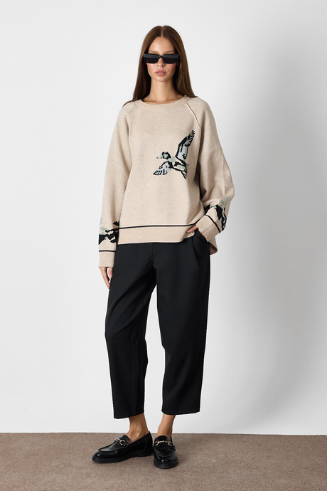 Camel Kuş Desenli Oversize Triko Kazak