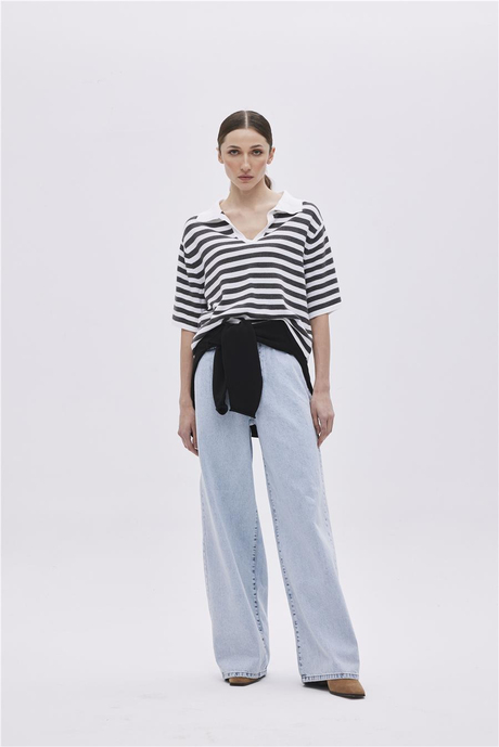 Ekru Açık Gri Polo Yaka Çizgili Kazak