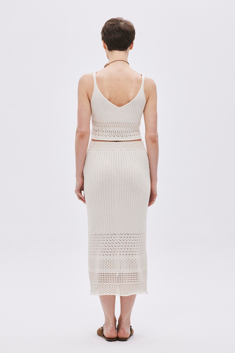 Ekru Ajurlu Midi Triko Etek