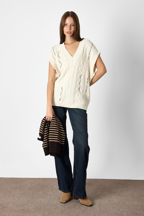 Ekru Desenli Oversize Triko Süveter