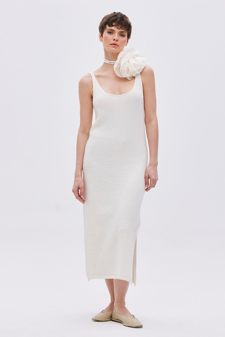 Ekru Dokulu Uzun Triko Elbise