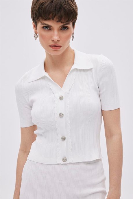 Ekru Gömlek Yaka Triko Bluz