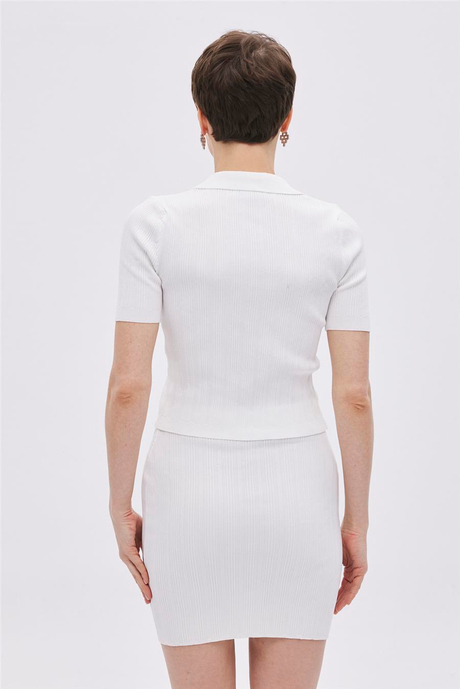 Ekru Gömlek Yaka Triko Bluz