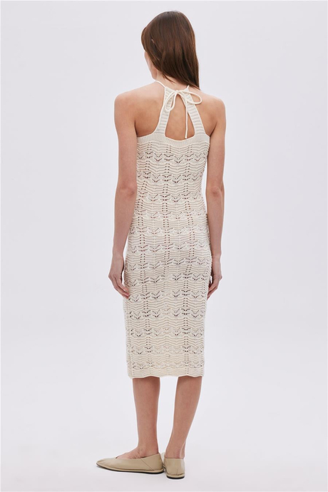 Ekru Halter Yaka Midi Triko Elbise
