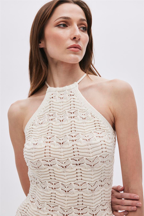 Ekru Halter Yaka Midi Triko Elbise