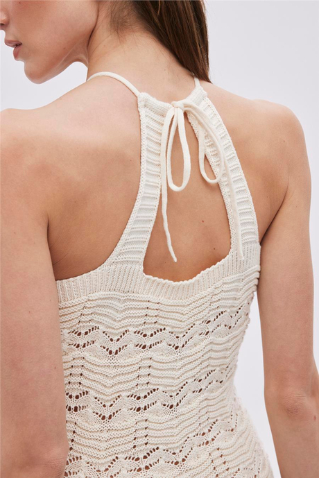 Ekru Halter Yaka Midi Triko Elbise