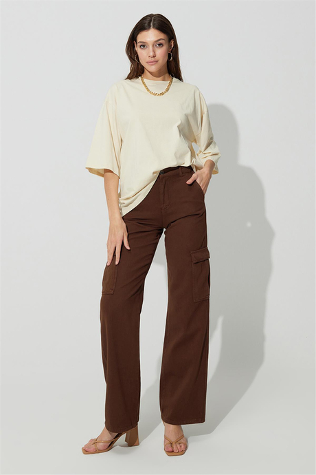 Ekru Kısa Kollu Oversize Basic T-shirt SS23TE4720EK