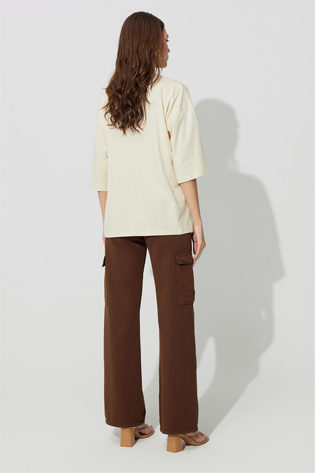 Ekru Kısa Kollu Oversize Basic T-shirt SS23TE4720EK