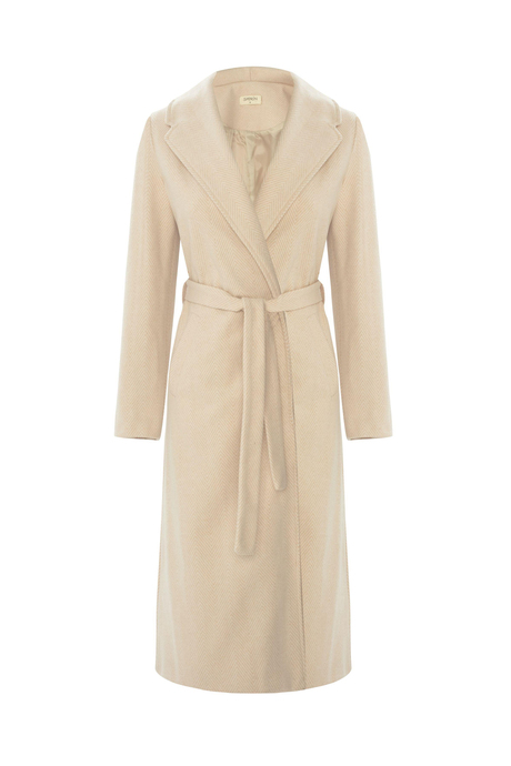 Ekru Kruvaze Kendinden Desenli Kemerli Kaban