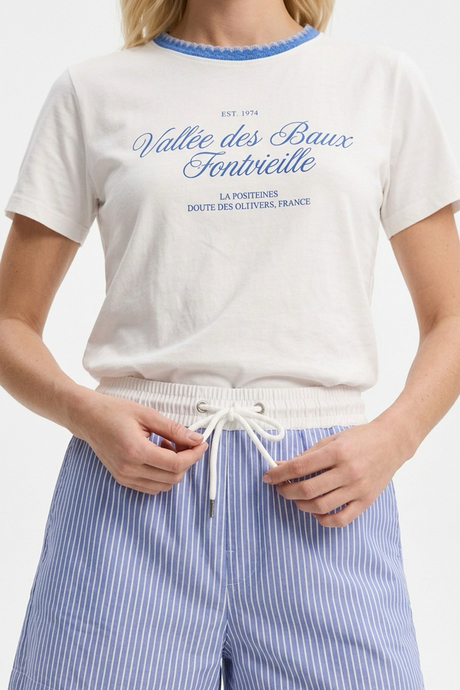 Ekru Mavi yazılı Bisiklet Yaka Tshirt