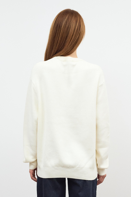 Ekru Triko Sloganlı Sweatshirt