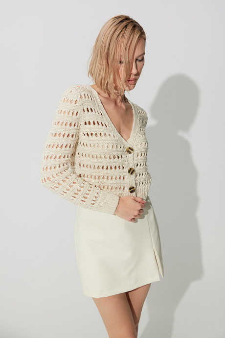 Ekru V Yaka Ajurlu Hırka SWC4675EK