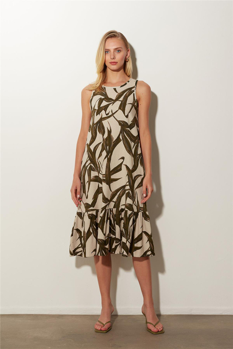 Ekru Yeşil Yaprak Desenli Midi Elbise SS23D4787EK