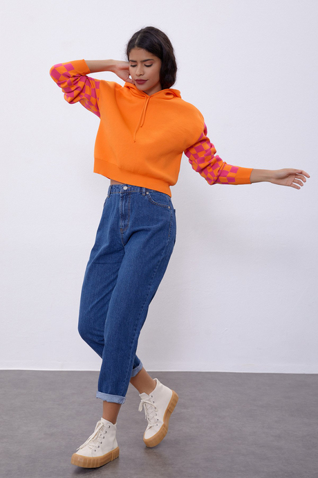Fuşya Kapüşonlu Dama Desenli Sweat SWK4455FU