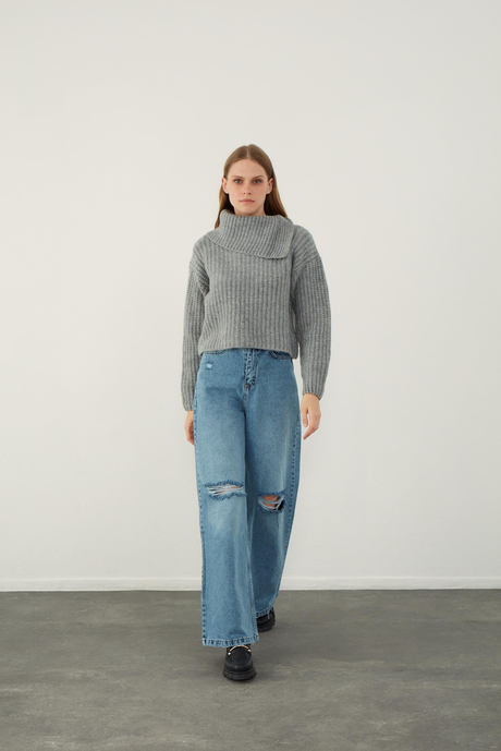 Grey Asymmetric Wide Neck Knitwear Sweater