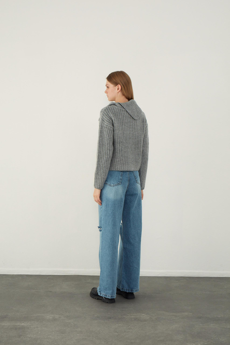 Grey Asymmetric Wide Neck Knitwear Sweater