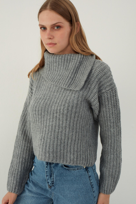 Grey Asymmetric Wide Neck Knitwear Sweater