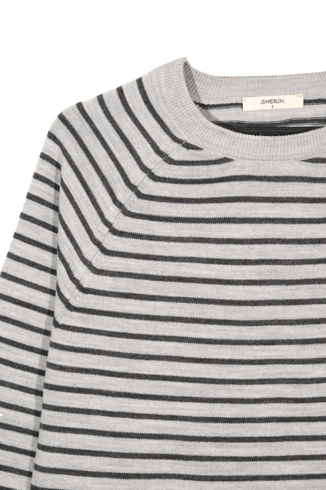 Gri Bisiklet Yaka Çizgili Kazak