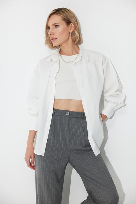 Gri Çizgili Geniş Paça Pileli Kumaş Pantolon SS23P4732GR