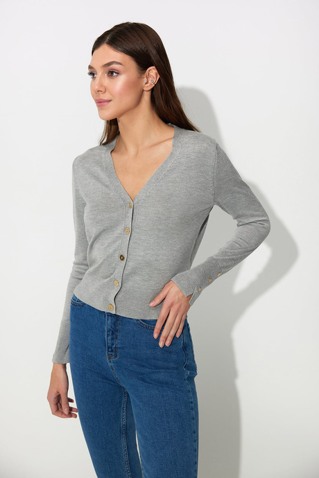 Grey Melange V-Neck Basic Knit Cardigan SWC4646GM