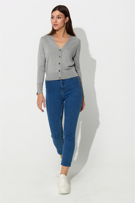 Grey Melange V-Neck Basic Knit Cardigan SWC4646GM