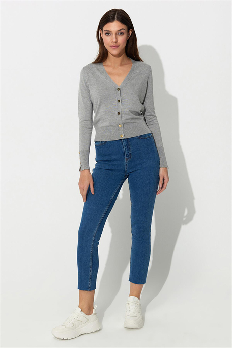 Grey Melange V-Neck Basic Knit Cardigan SWC4646GM