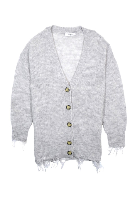 GRİ MELANJ YIRTIK DETAYLI HIRKA